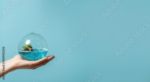 Hand holding glass dome with miniature eco-system inside against blue background photo