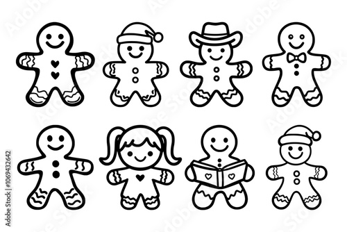 Vector illustrations of various gingerbread characters with unique outfits and expressions, perfect for Christmas or holiday designs.