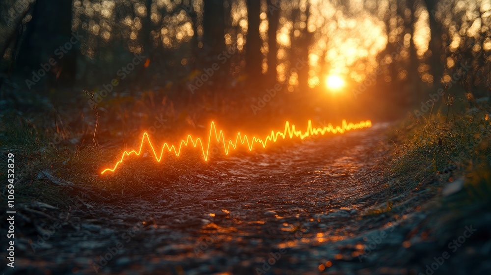 Visual representation of sound waves in a serene forest at sunset Visual representation of sound waves in a serene forest at sunset