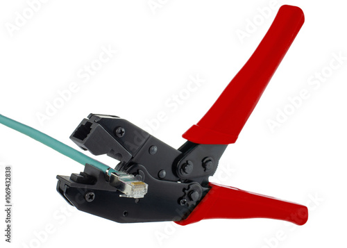 Ethernet Crimping Tool with Red Handles and Cable photo