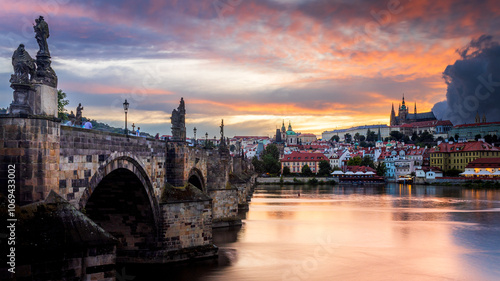 Sunset in Prague, Czechia from the Charles Bridge (Karlův Most).