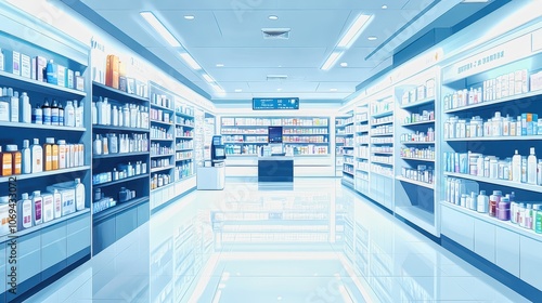 Modern pharmacy interior with counter and shelves stocked with medicine and healthcare products photo