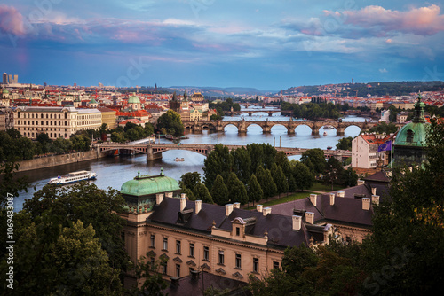 Aerial View of Prague, Czechia during sunset