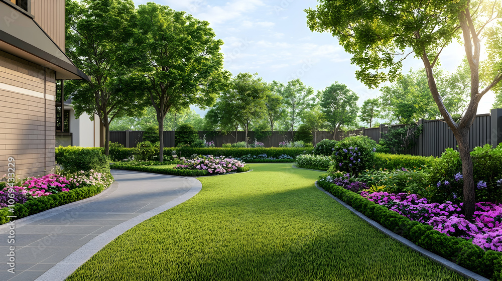 A beautifully landscaped backyard with a winding stone pathway, lush green grass, and vibrant purple flowers. A beautifully landscaped backyard with a winding stone pathway, lush green grass, and vibrant purple flowers.