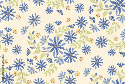 Blue floral wallpaper pattern damask vintage ethnic flowers motif textured victorian modern design hand drawn vector illustration.