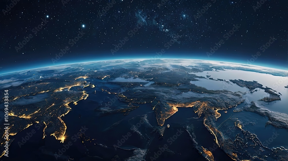 A stunning view of Earth from space at night, highlighting cities. A stunning view of Earth from space at night, highlighting cities.