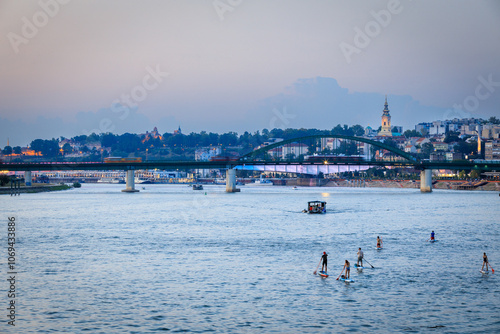 Paddleboarders on the Sava River in Belgrade, Serbia.