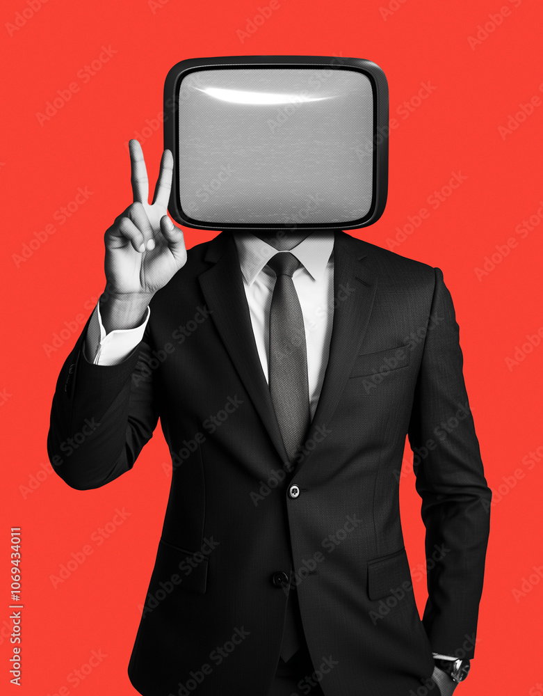 Retro man with television head on red background. Vintage man with television head. Retro collage featuring a man in a suit with a retro TV for a head. Retro collage for presentation. Peace sign. Retro man with television head on red background. Vintage man with television head. Retro collage featuring a man in a suit with a retro TV for a head. Retro collage for presentation. Peace sign.