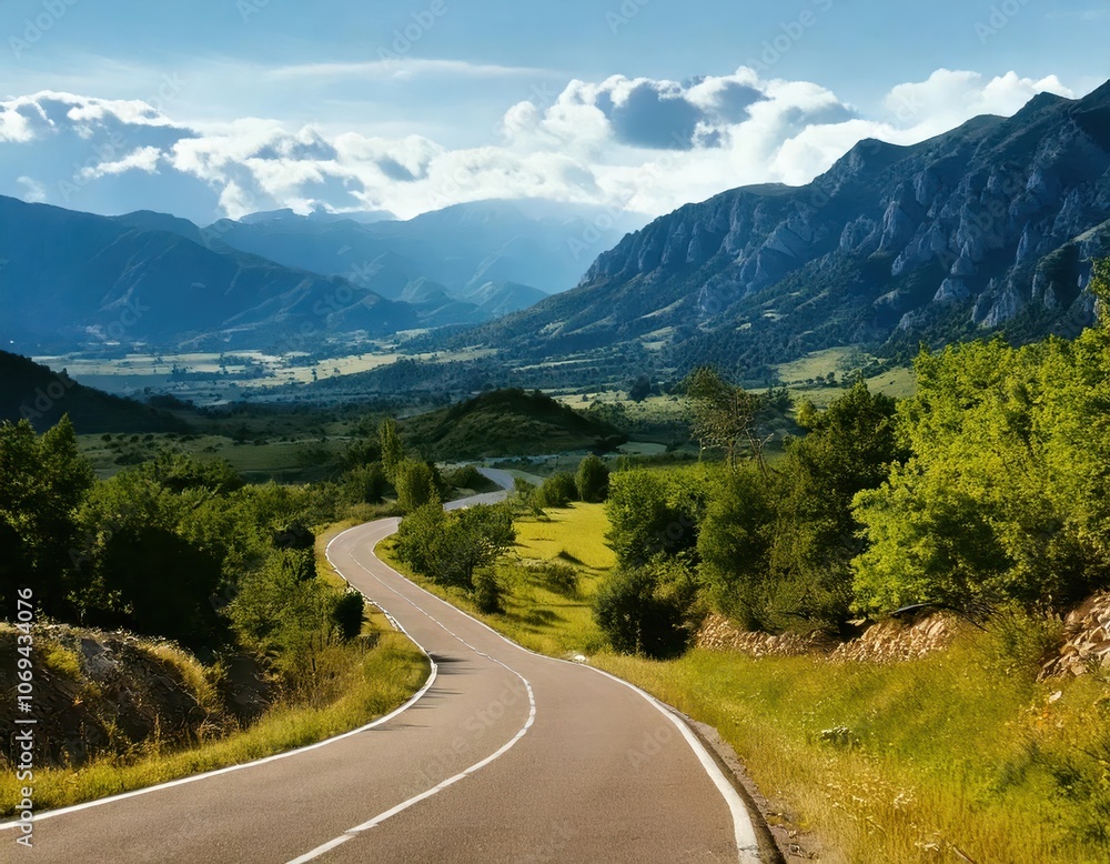 Obraz premium long winding scenic road through the mountains, clouds and blue sky landscape photo