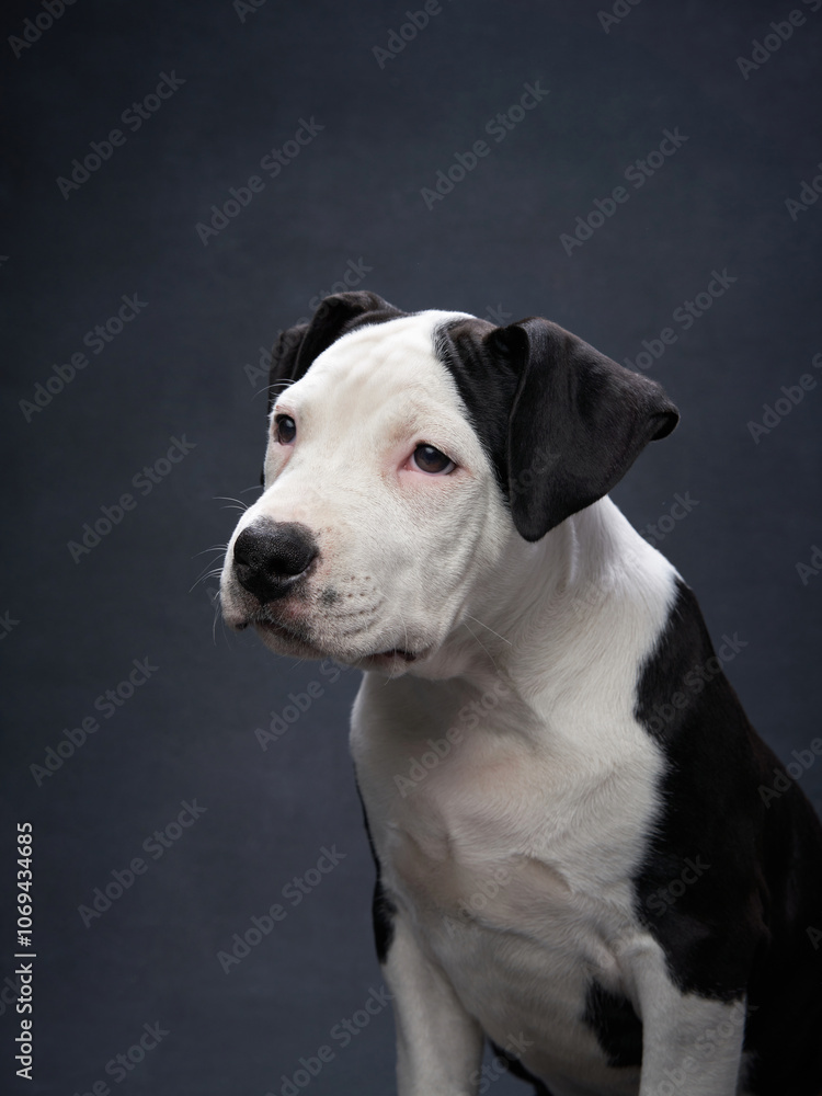 A young puppy looks inquisitively at the camera, its head slightly tilted, capturing a moment of playful curiosity against a dark backdrop. A young puppy looks inquisitively at the camera, its head slightly tilted, capturing a moment of playful curiosity against a dark backdrop.