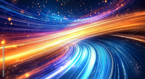 A colorful, abstract digital art image with bright lights and a swirling pattern. The background is a dark blue and filled with light specks and a deep tunnel effect