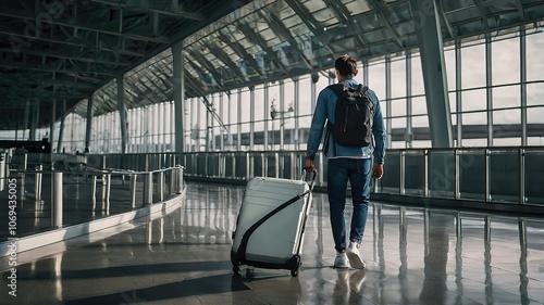 A traveler walking through an airport with luggage.