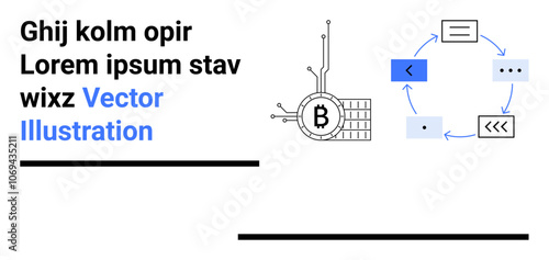 Bitcoin symbol connected to circuits, flow of programming elements forming a cycle. Ideal for tech startups, cryptocurrency education, blockchain presentations, fintech blogs, coding tutorials