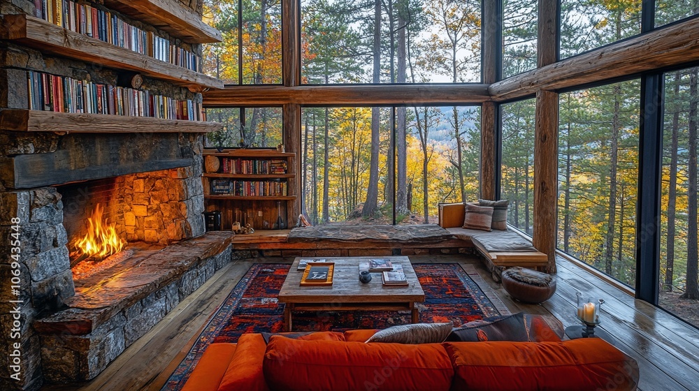 Cozy Mountain Lodge with Stone Fireplace and Forest Views