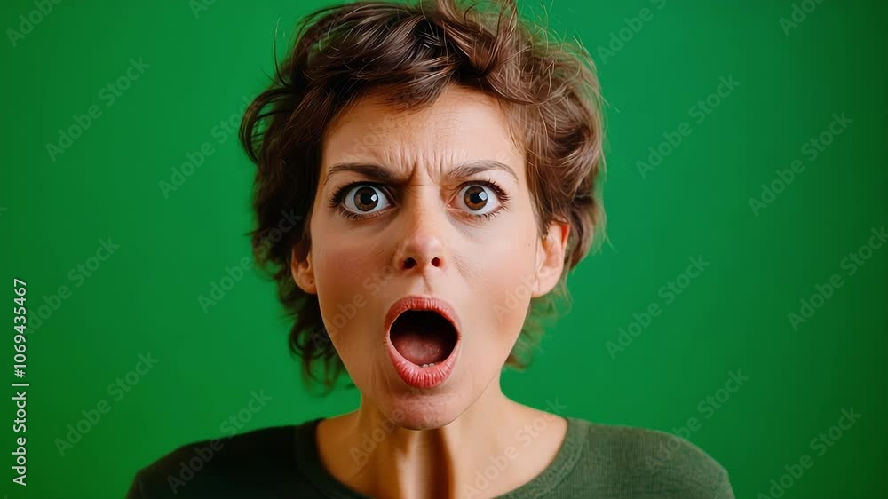 Woman with curly hair is displaying a range of shocked expressions on a green screen background, ideal for conveying surprise or astonishment Woman with curly hair is displaying a range of shocked expressions on a green screen background, ideal for conveying surprise or astonishment