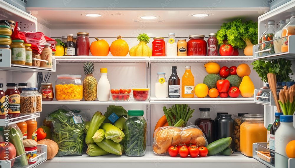 Fridge full of different fresh products in kitchen isolated with white highlights, png Fridge full of different fresh products in kitchen isolated with white highlights, png