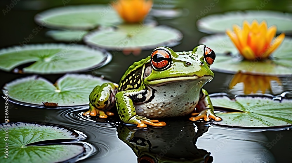A vibrant frog perched on lily pads in a serene pond setting. A vibrant frog perched on lily pads in a serene pond setting.