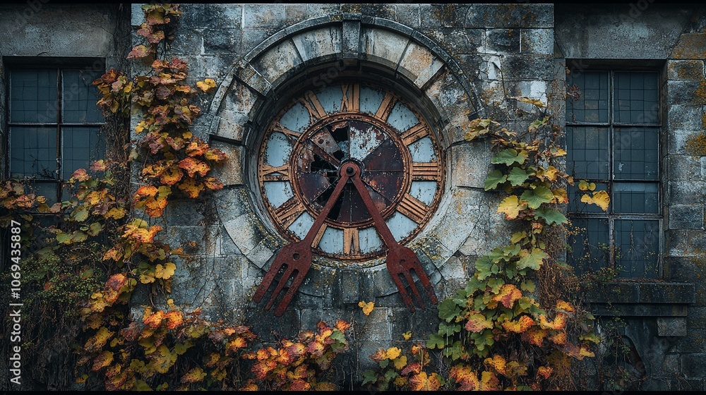 Obraz premium Abandoned Clock Tower with Rusted Hands and Vines Growing on Stone Facade