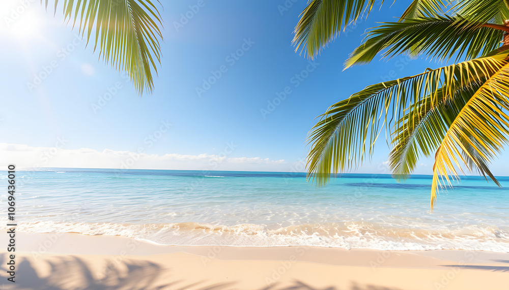 The beach is sunny with clear water, golden sand, and palm leaves, creating a tropical environment isolated with white highlights, png The beach is sunny with clear water, golden sand, and palm leaves, creating a tropical environment isolated with white highlights, png