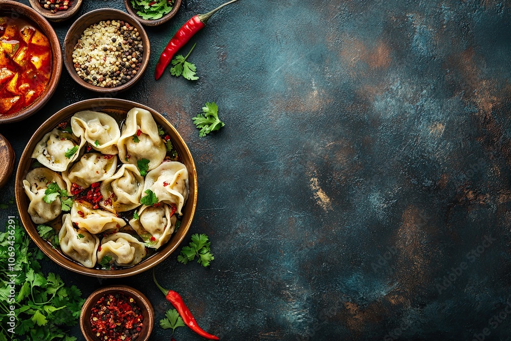 The concept of oriental cuisine. Uzbek food Manti or manty dumplings restaurant concept. Homemade Uzbek dish. recipe background. space for text. top view The concept of oriental cuisine. Uzbek food Manti or manty dumplings restaurant concept. Homemade Uzbek dish. recipe background. space for text. top view
