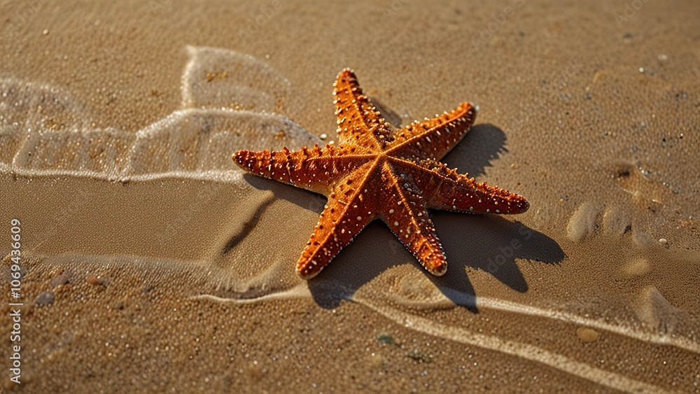 A vibrant starfish rests on a sandy beach by the shoreline.