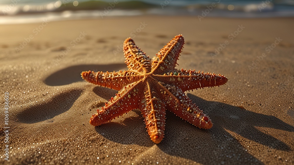 A vibrant starfish resting on sandy beach near gentle waves. A vibrant starfish resting on sandy beach near gentle waves.