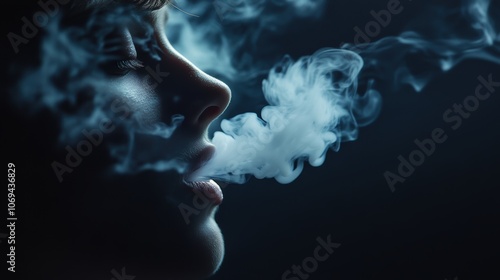 Close-up of young person vaping with smoke swirls