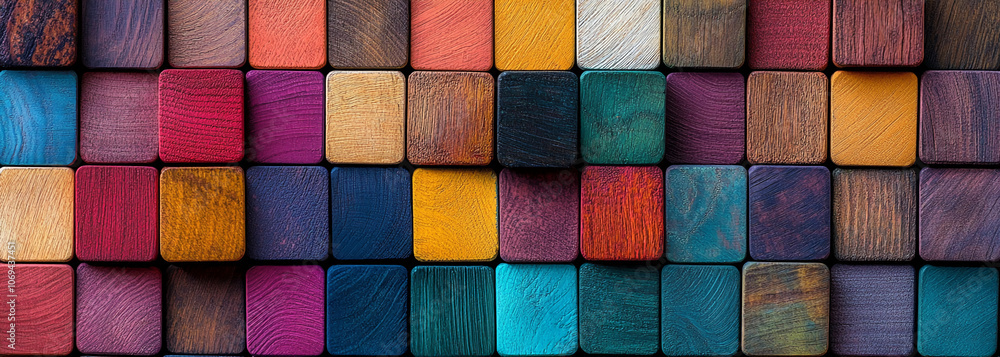A close-up view of a colorful wooden block wall, showcasing a variety of hues and textures A close-up view of a colorful wooden block wall, showcasing a variety of hues and textures