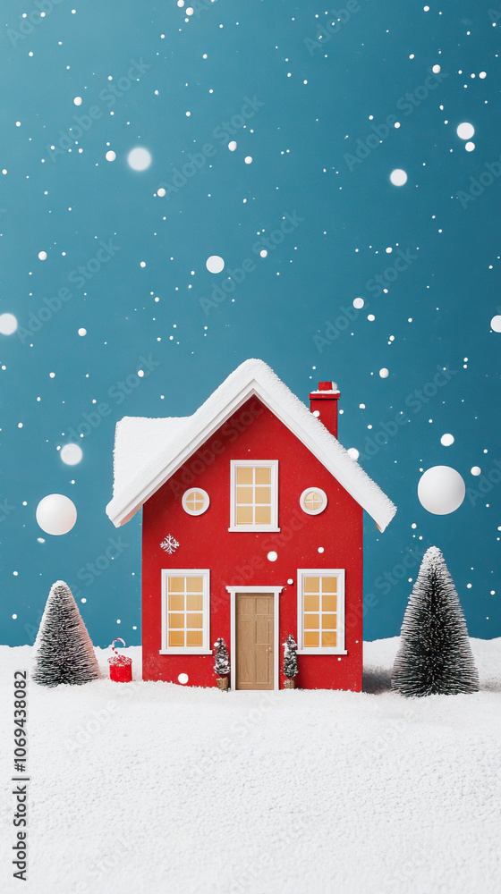Fototapeta premium A Charming Red House in a Winter Wonderland Surrounded by Soft Snow