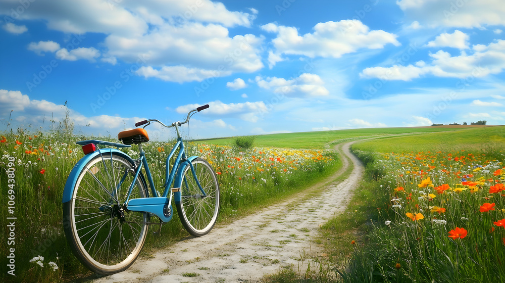 Obraz premium A blue bicycle sits on a dirt road that leads through a field of wildflowers.