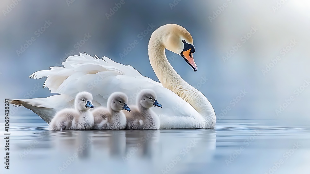 Obraz premium A graceful swan with three cygnets swimming on a calm lake, a gentle image of family and nature.