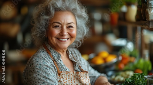 Senior Latina woman with gray curls wearing apron in rustic kitchen setting