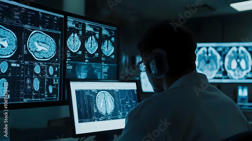 Innovative technology diagnosing and examining a patient's brain with intelligence software   - photo