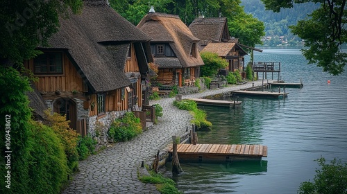 Lakeside Village with Thatched Cottages and Cobblestone Streets