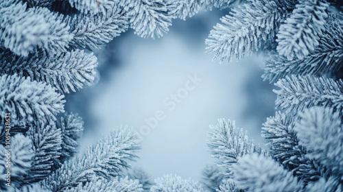 Snow-covered pine branches form a circular frame with a blurry center. Concept of winter nature beauty.