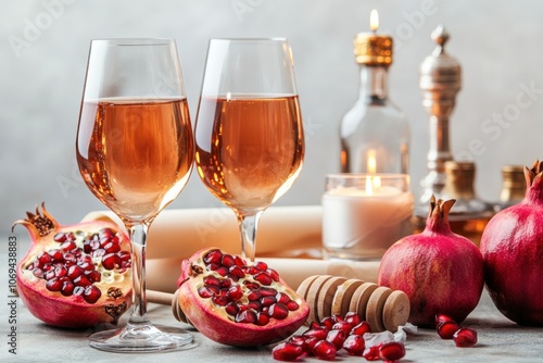 Rosh hashanah still life celebrating jewish new year with pomegranates, wine, and honey photo