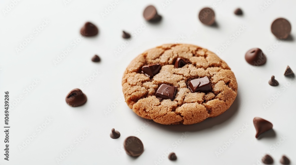 Single chocolate chip cookie in sharp focus, golden-brown surface with melty chocolate, white background, ideal for food packaging design Single chocolate chip cookie in sharp focus, golden-brown surface with melty chocolate, white background, ideal for food packaging design