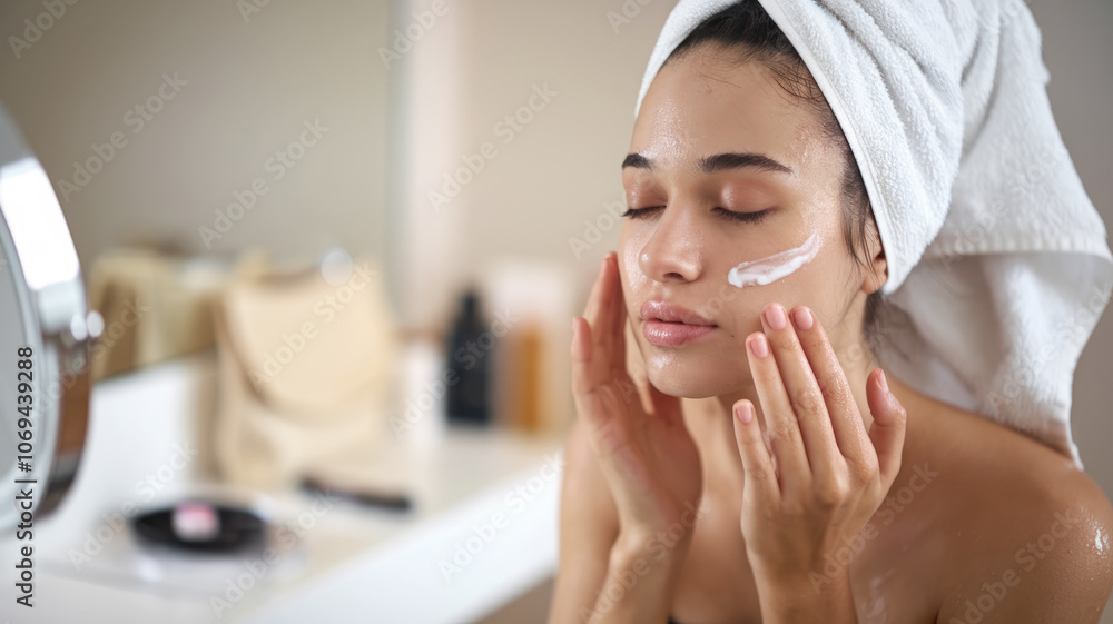 A woman is applying makeup in front of a mirror. She is using a towel to dry her face A woman is applying makeup in front of a mirror. She is using a towel to dry her face