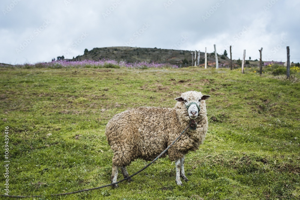 Fototapeta premium Rustic Charm: Woolly Sheep in Scenic Colombian Countryside
