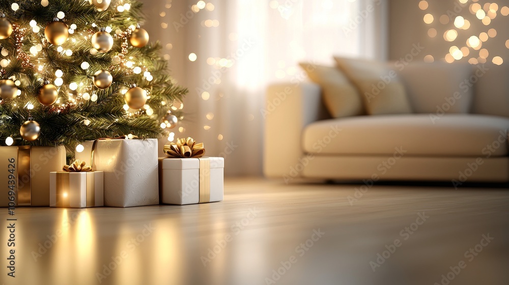 Warm and festive living room, Christmas tree with ornaments and gifts, soft light, and a clear wall area for a custom holiday message or ad, New Year focus Warm and festive living room, Christmas tree with ornaments and gifts, soft light, and a clear wall area for a custom holiday message or ad, New Year focus