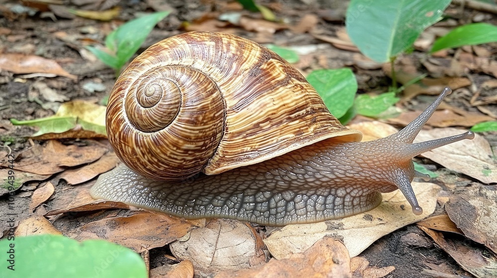 Majestic Snail Crawling Through Leafy Forest Floor Majestic Snail Crawling Through Leafy Forest Floor