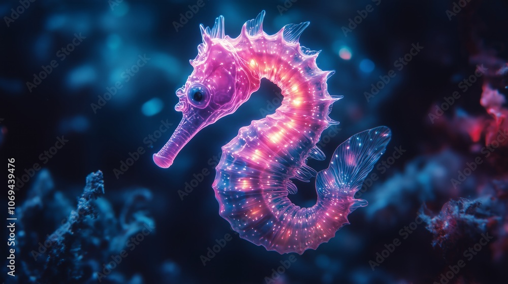 Vibrant bioluminescent seahorse in coral reef underwater world Vibrant bioluminescent seahorse in coral reef underwater world