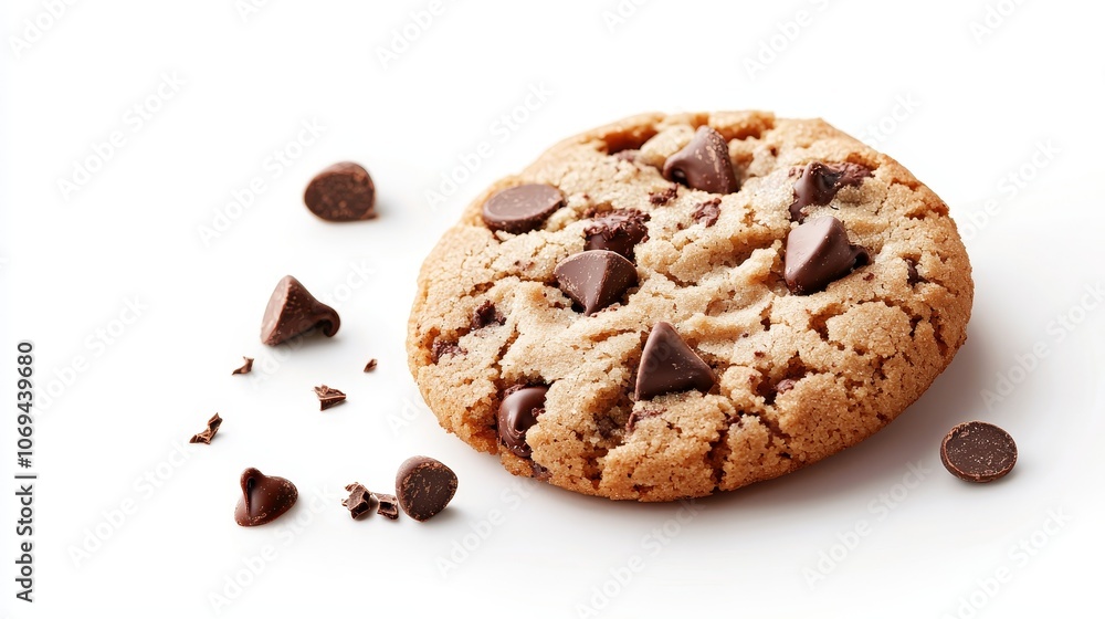 Single chocolate chip cookie close-up, crispy edges with soft center, isolated on bright white background, highly detailed texture of cookie and chips Single chocolate chip cookie close-up, crispy edges with soft center, isolated on bright white background, highly detailed texture of cookie and chips