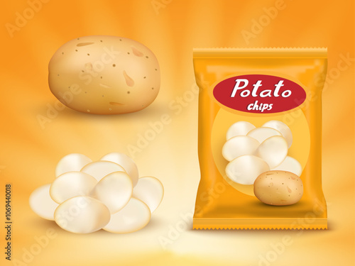 Realistic mockup package of yellow chips package with label isolated on yellow background, foil bags with potato snack, vector illustration EPS 10.