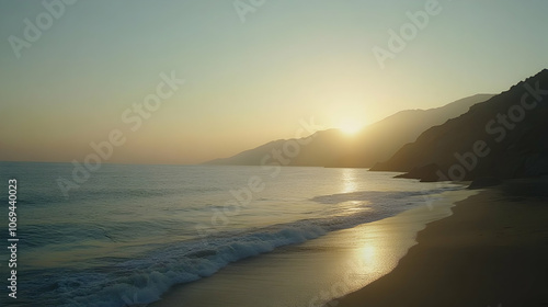 A breathtaking sunset over a calm sea, with a sandy beach and mountains in the distance.