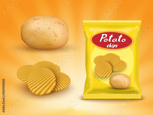 Realistic mockup package of yellow chips package with label isolated on yellow background, foil bags with potato snack, vector illustration EPS 10.