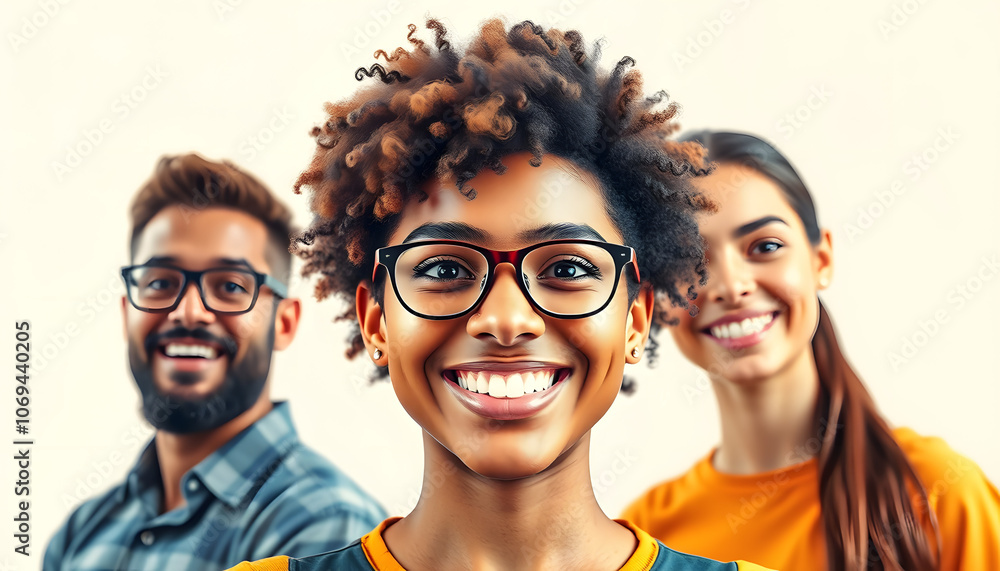 Obraz premium Creative collage of young happy people teamwork half face successful startup work together diversity template metaphor psychedelic pinup isolated with white highlights, png