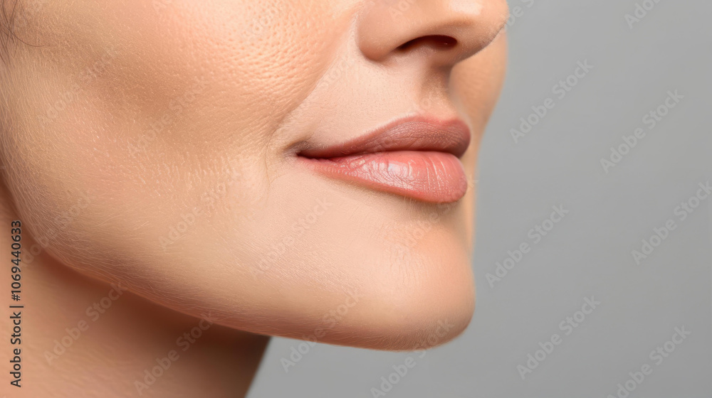 Obraz premium Captivating cropped portrait of a middleaged woman showcasing her lips and chin against a soft grey backdrop.