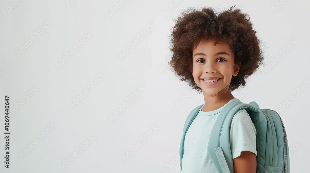 A charming African American schoolgirl smiles brightly against a clean, white backdrop, exuding joy and confidence. A charming African American schoolgirl smiles brightly against a clean, white backdrop, exuding joy and confidence.