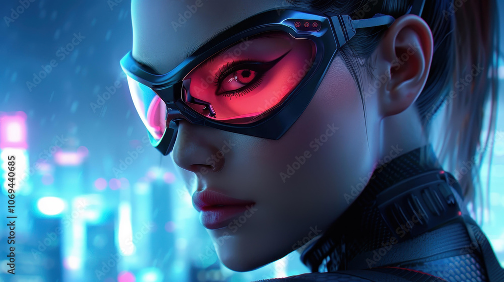 A fierce woman in a sleek rubber suit glows in neon lights, capturing the essence of a vibrant cyberpunk future. A fierce woman in a sleek rubber suit glows in neon lights, capturing the essence of a vibrant cyberpunk future.